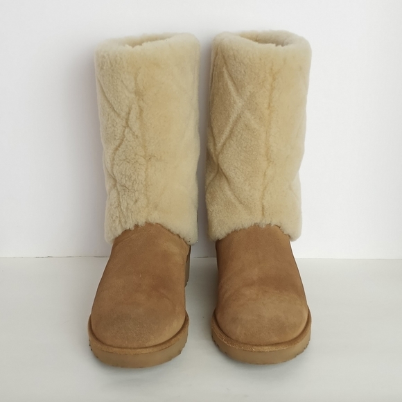 UGG Ariella Luxe Diamond Chestnut Suede Fur Cuff Boots 6 - Picture 4 of 11